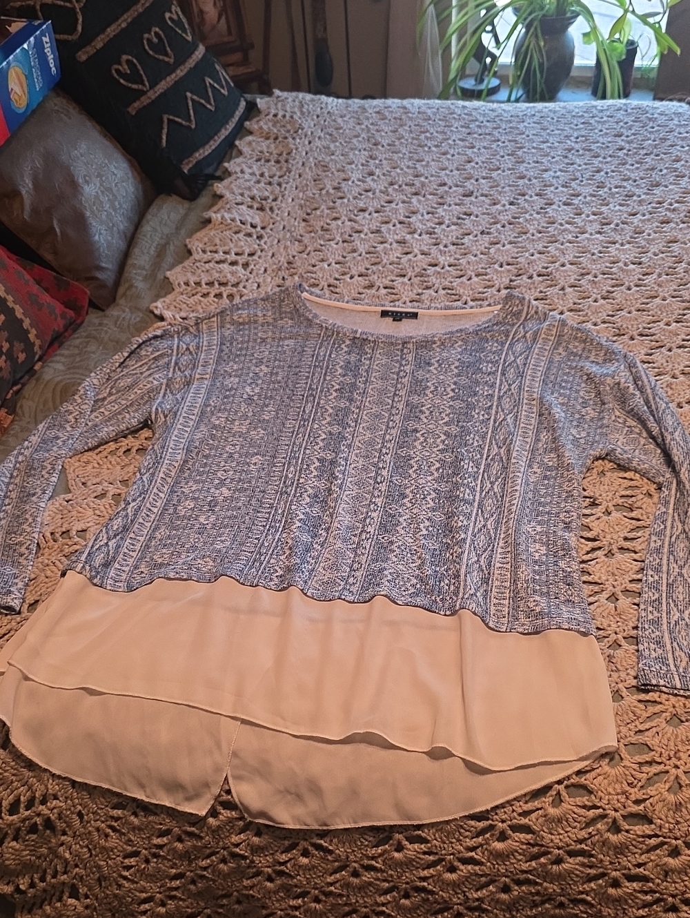 Kiara Blue Patterned Knit Tunic with Cream Layered Hem